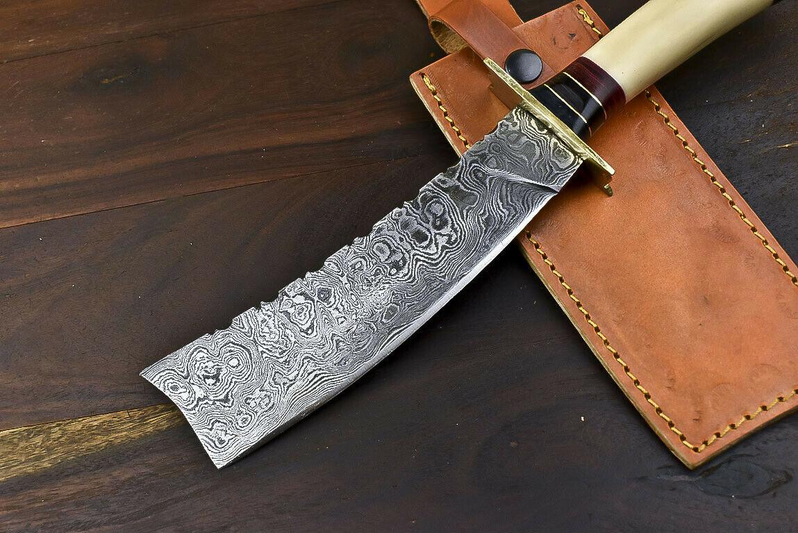 Handmade Damascus Bowie Knife – 12.5" Camel Bone Handle Everyday Carry