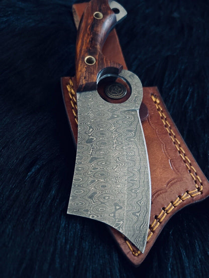 Heritage Forge 7 Inch Custom Damascus Cleaver Knife with Wood Handle