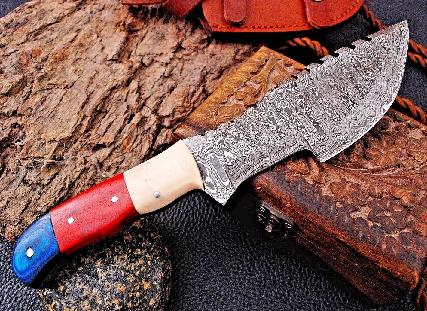 Handmade Forged Damascus Steel Tracker Hunting Knife with Wood & Resin Handle and Leather Sheath – 10.25" Full Tang