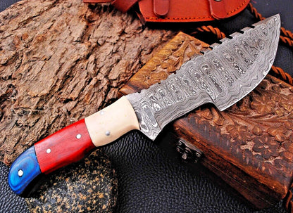 Handmade Forged Damascus Steel Tracker Hunting Knife with Wood & Resin Handle and Leather Sheath – 10.25" Full Tang