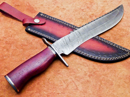 17 Inch Custom Handmade Damascus Hunting Bowie Knife with Rose Wood Handle by Heritage Forge
