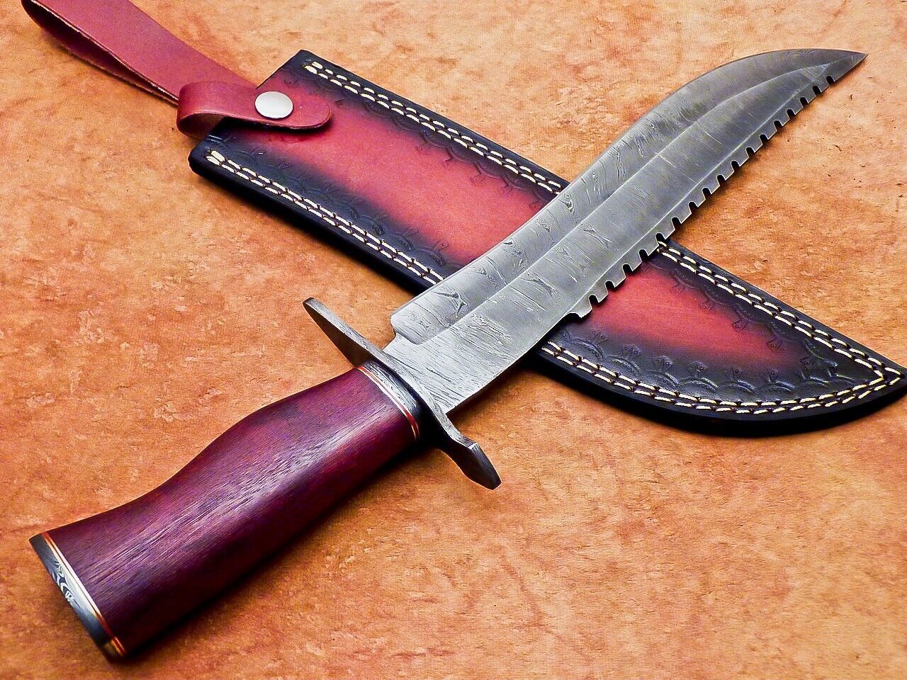 17 Inch Custom Handmade Damascus Hunting Bowie Knife with Rose Wood Handle by Heritage Forge