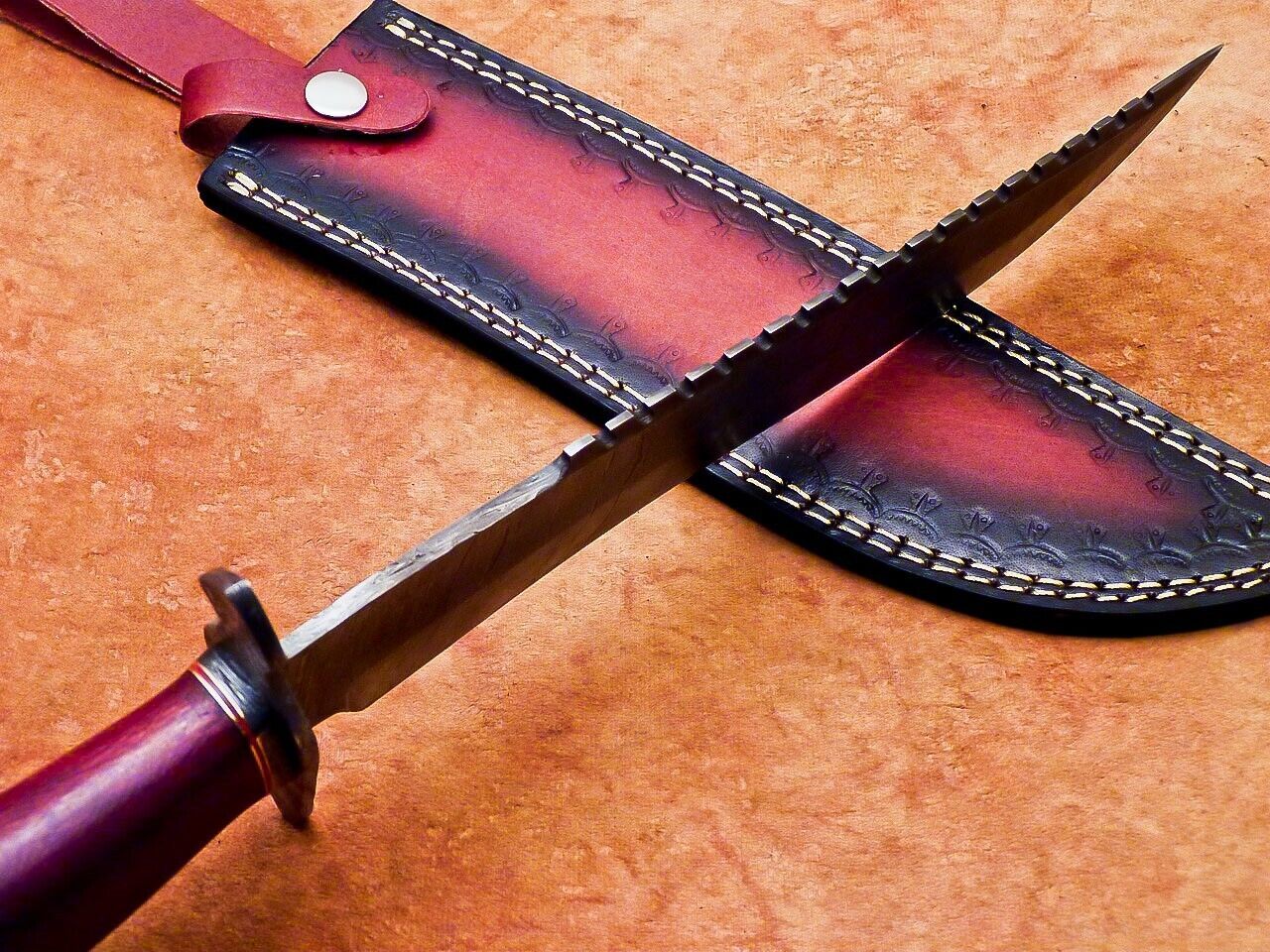 17 Inch Custom Handmade Damascus Hunting Bowie Knife with Rose Wood Handle by Heritage Forge
