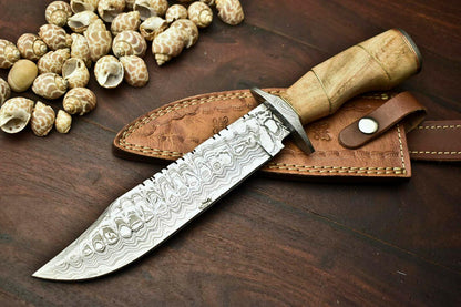 13" Damascus Bowie Knife with Walnut Wood Handle & Leather Sheath