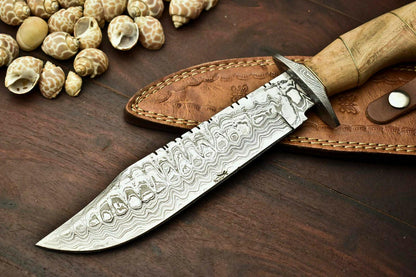 13" Damascus Bowie Knife with Walnut Wood Handle & Leather Sheath