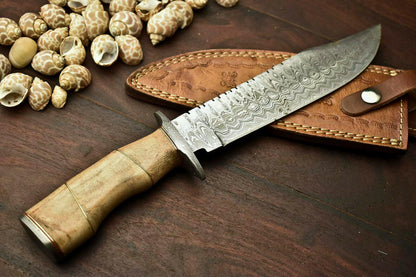 13" Damascus Bowie Knife with Walnut Wood Handle & Leather Sheath