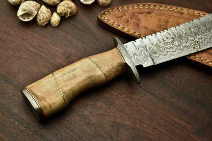 13" Damascus Bowie Knife with Walnut Wood Handle & Leather Sheath