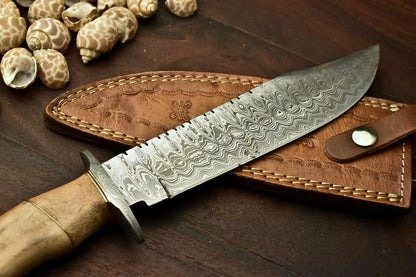 13" Damascus Bowie Knife with Walnut Wood Handle & Leather Sheath