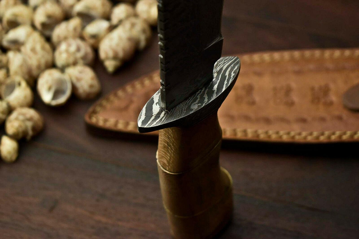 13" Damascus Bowie Knife with Walnut Wood Handle & Leather Sheath