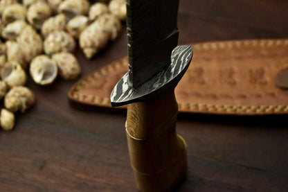 13" Damascus Bowie Knife with Walnut Wood Handle & Leather Sheath