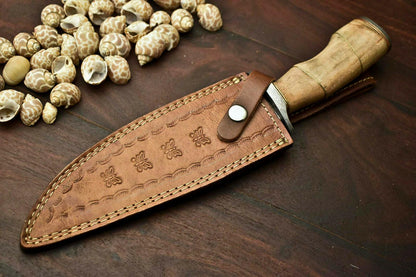 13" Damascus Bowie Knife with Walnut Wood Handle & Leather Sheath