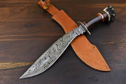 Rare Handmade Damascus Bowie Knife | Crown Antler Handle 16" Throwing & Hunting Blade