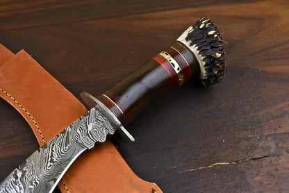 Rare Handmade Damascus Bowie Knife | Crown Antler Handle 16" Throwing & Hunting Blade