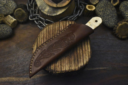 Rain Drop Damascus Skinner Knife with Bone Handle – Custom Handmade Outdoor Blade