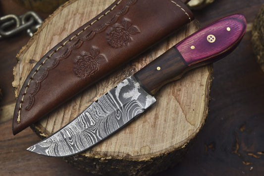 Custom Twist Damascus Skinner Knife with Hardwood Handle and Wooden Bolster – 8 Inch Hunting Knife