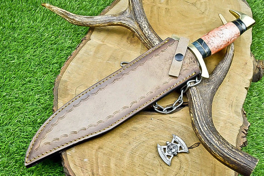17" Damascus Steel Bowie Knife – Resin Handle & Leather Sheath