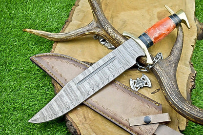 17" Damascus Steel Bowie Knife – Resin Handle & Leather Sheath