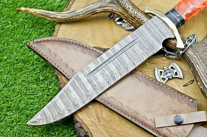 17" Damascus Steel Bowie Knife – Resin Handle & Leather Sheath