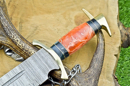17" Damascus Steel Bowie Knife – Resin Handle & Leather Sheath