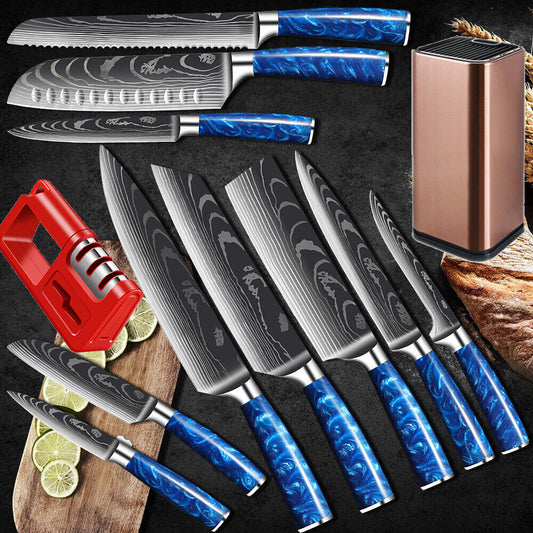 12PC Japanese Kitchen Knife Set with Laser Damascus Pattern, Holder & Sharpener