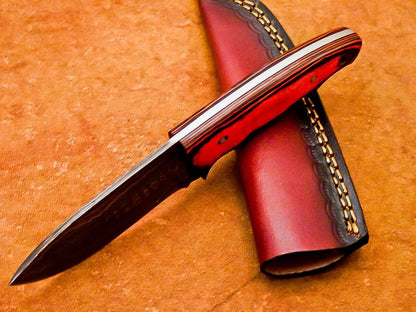 8" Custom Hand-Forged Damascus Steel Bowie Knife with Hardwood Handle & Sheath