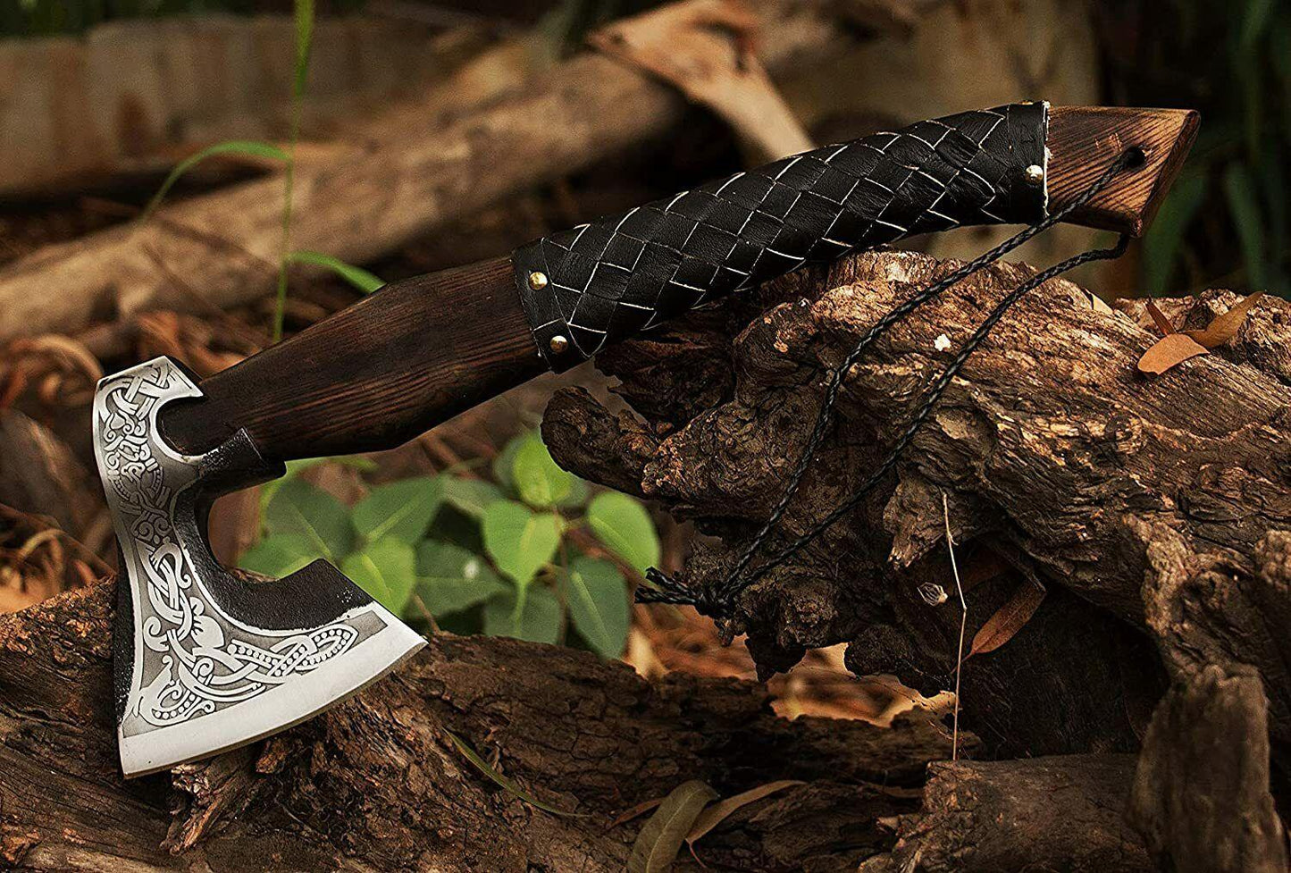 Hand Forged Viking Axe – Carbon Steel Tomahawk Hatchet with Ash Wood Handle and Leather Sheath