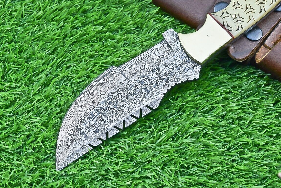 10 Inch Damascus Tracker Bowie Knife with Camel Bone Handle and Brass Bolster