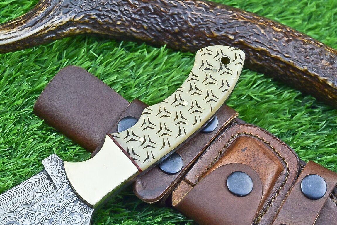 10 Inch Damascus Tracker Bowie Knife with Camel Bone Handle and Brass Bolster