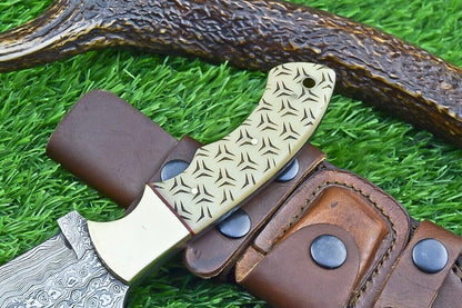 10 Inch Damascus Tracker Bowie Knife with Camel Bone Handle and Brass Bolster