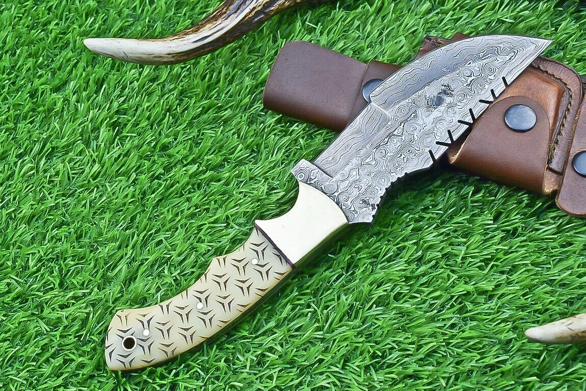 10 Inch Damascus Tracker Bowie Knife with Camel Bone Handle and Brass Bolster