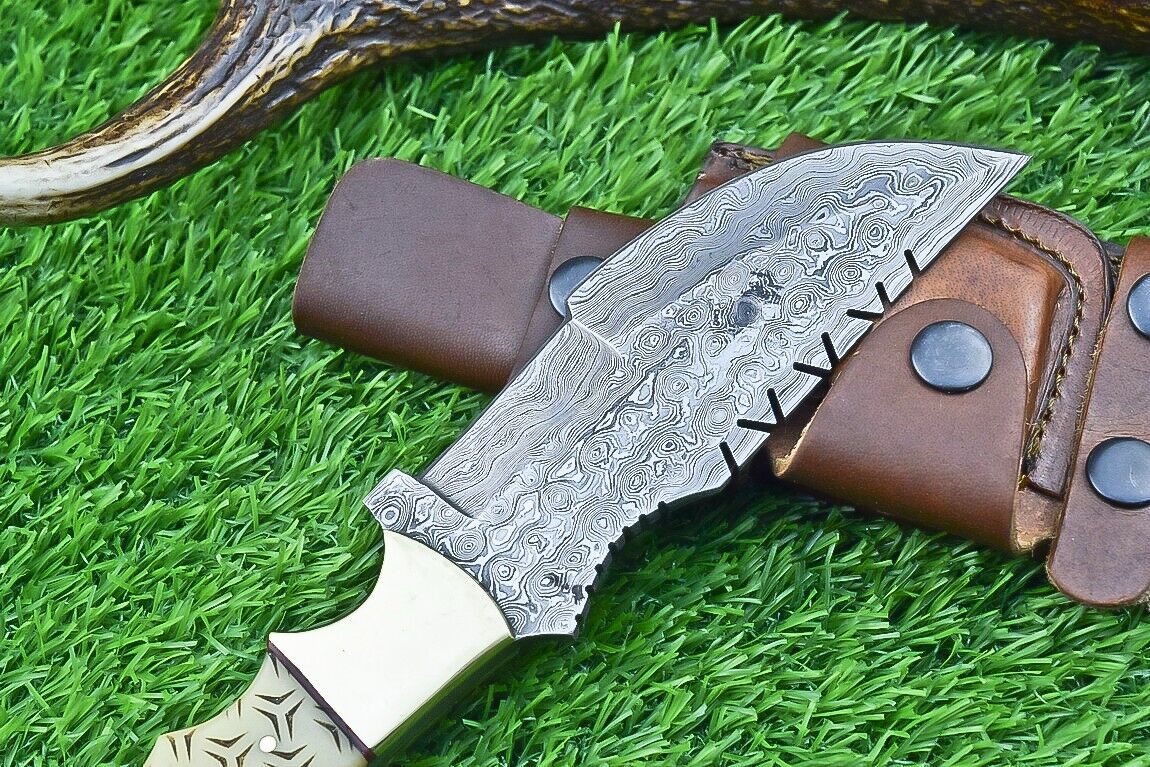 10 Inch Damascus Tracker Bowie Knife with Camel Bone Handle and Brass Bolster