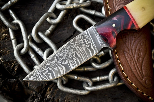 Twist Damascus Skinner Knife with Bone Handle and Micarta Bolster – Handmade Hunting Sports Knife