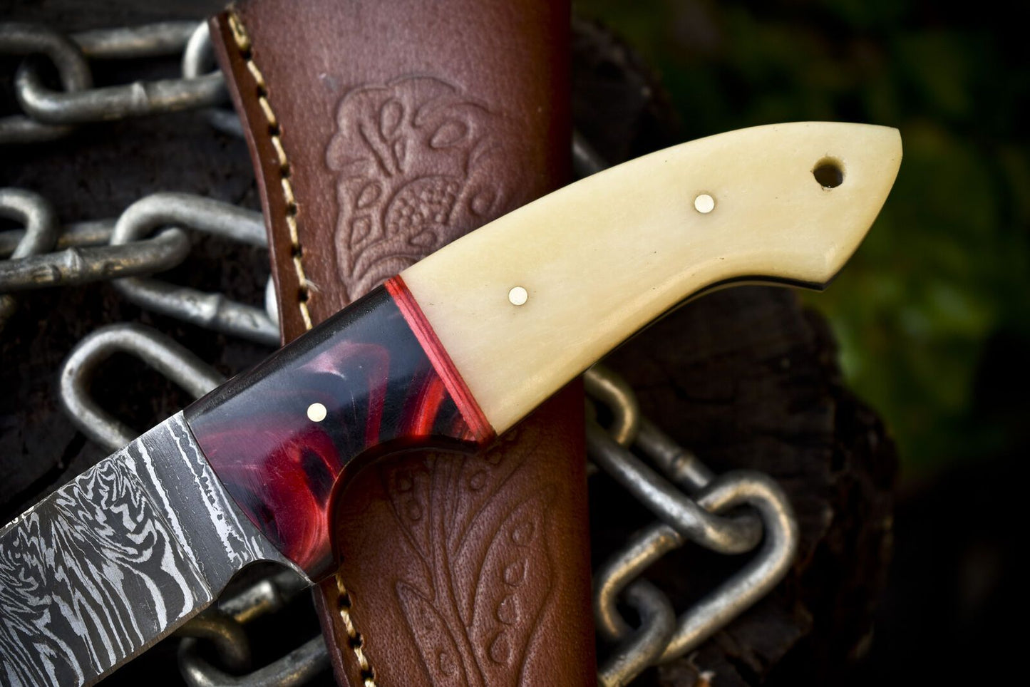 Twist Damascus Skinner Knife with Bone Handle and Micarta Bolster – Handmade Hunting Sports Knife