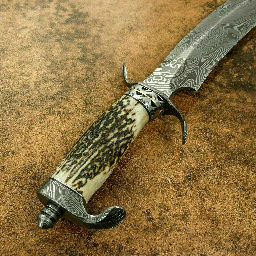 15" Rare Damascus Steel Sasquatch Bowie Hunting Knife | Stag Antler Handle