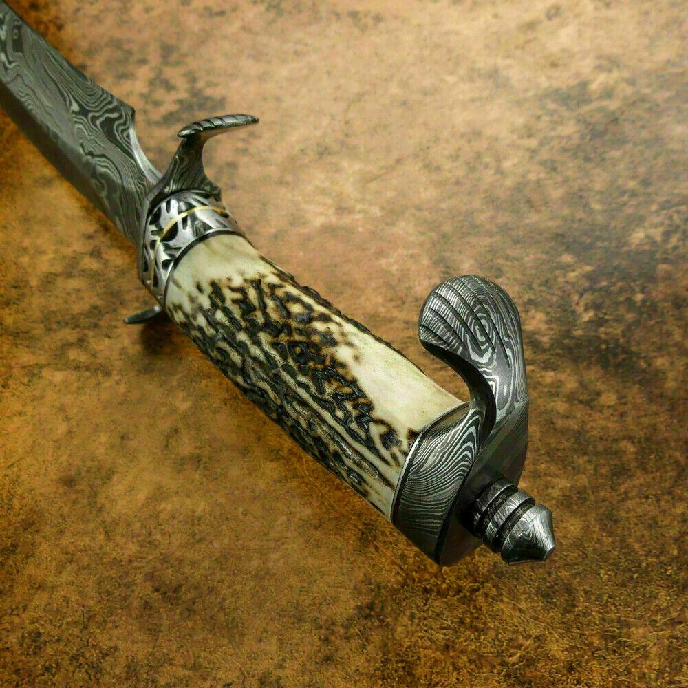 15" Rare Damascus Steel Sasquatch Bowie Hunting Knife | Stag Antler Handle