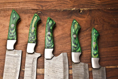 Exclusive Lot of 5 Handmade Hammered Damascus Steel Chef Knives