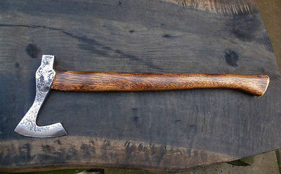 Custom Viking Styled Vintage Long Battle Axe with Oak Handle and Leather Sheath