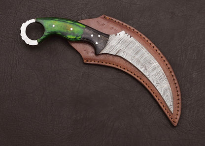 Best Karambit Knife Full Tang Damascus Karambit Knife With Wood Handle & Leather Sheath