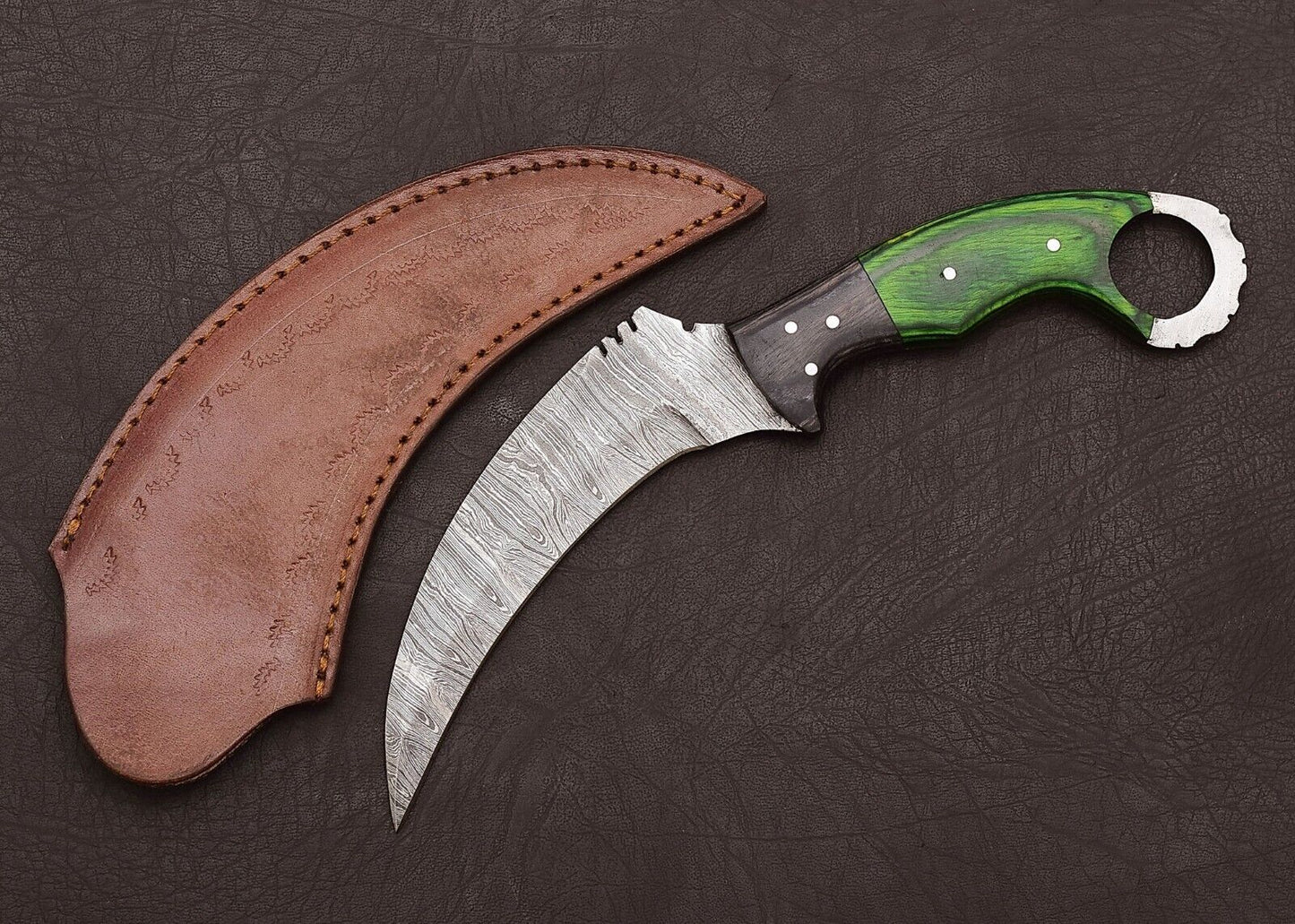 Best Karambit Knife Full Tang Damascus Karambit Knife With Wood Handle & Leather Sheath