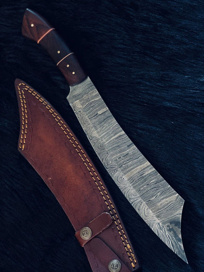 Heritage Forge 15.5 Inch Twist Damascus Steel Machete Knife with Camel Bone and Wood Handle
