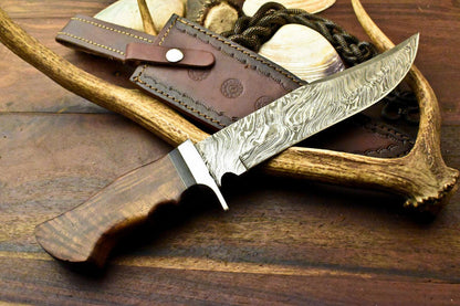 Damascus Bowie Knife – Walnut Wood Handle, 12" Hunting Knife with Leather Sheath