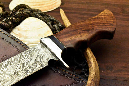 Damascus Bowie Knife – Walnut Wood Handle, 12" Hunting Knife with Leather Sheath