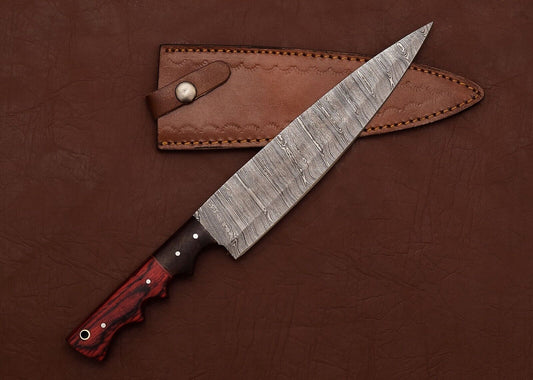 Custom Handmade Damascus Steel Kitchen Chef Fillet Knife with Pakka Wood Handle & Leather Sheath