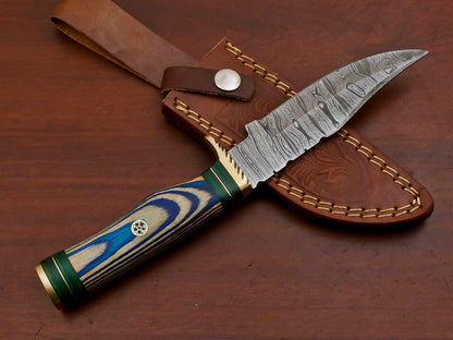 10" Handmade Damascus Steel Bowie Knife with Pakka Wood Handle & Brass Guard