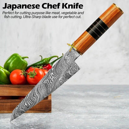 Handmade Damascus Steel Chef Knife | Rosewood & Buffalo Horn Handle | Kitchen Gift with Sheath