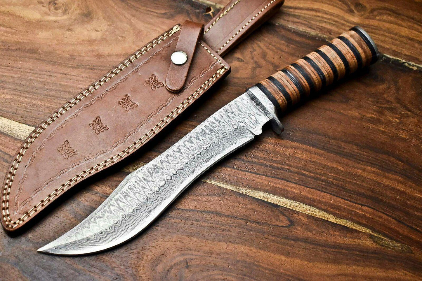 15" Handmade Damascus Steel Bowie Knife – Stacked Leather Handle & Cowhide Sheath
