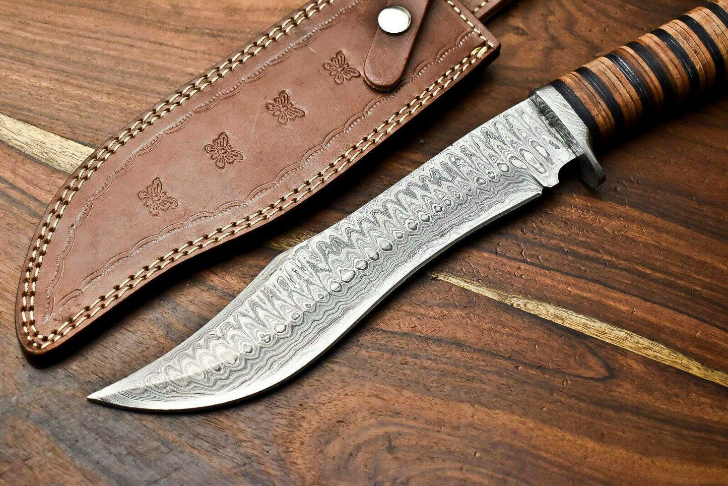 15" Handmade Damascus Steel Bowie Knife – Stacked Leather Handle & Cowhide Sheath