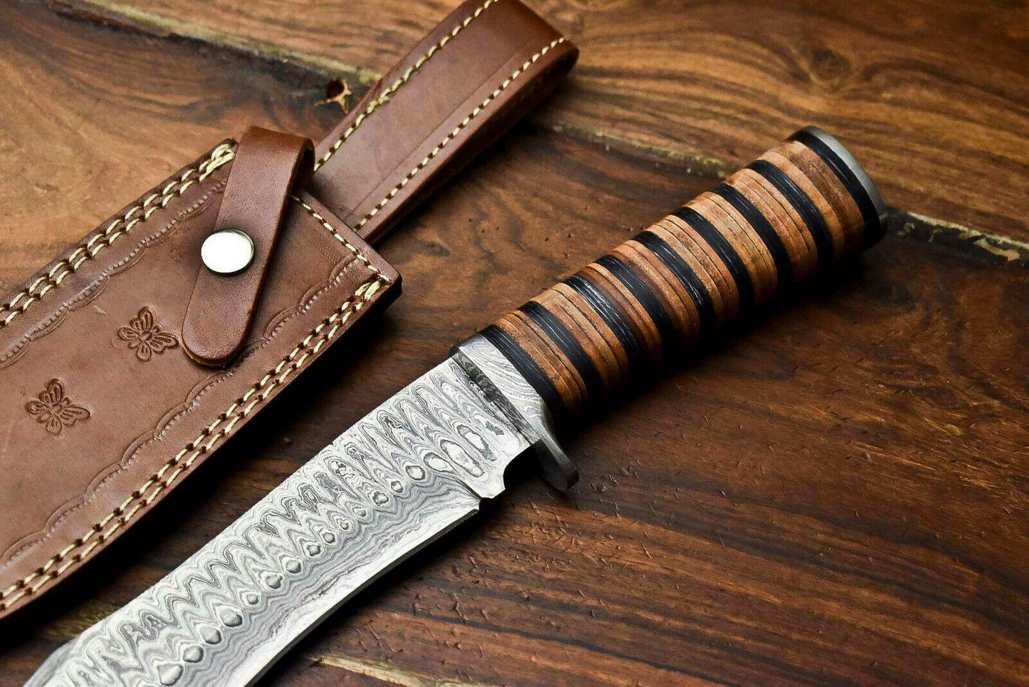 15" Handmade Damascus Steel Bowie Knife – Stacked Leather Handle & Cowhide Sheath