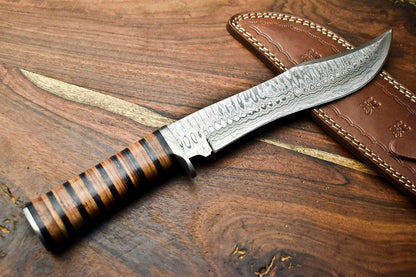 15" Handmade Damascus Steel Bowie Knife – Stacked Leather Handle & Cowhide Sheath