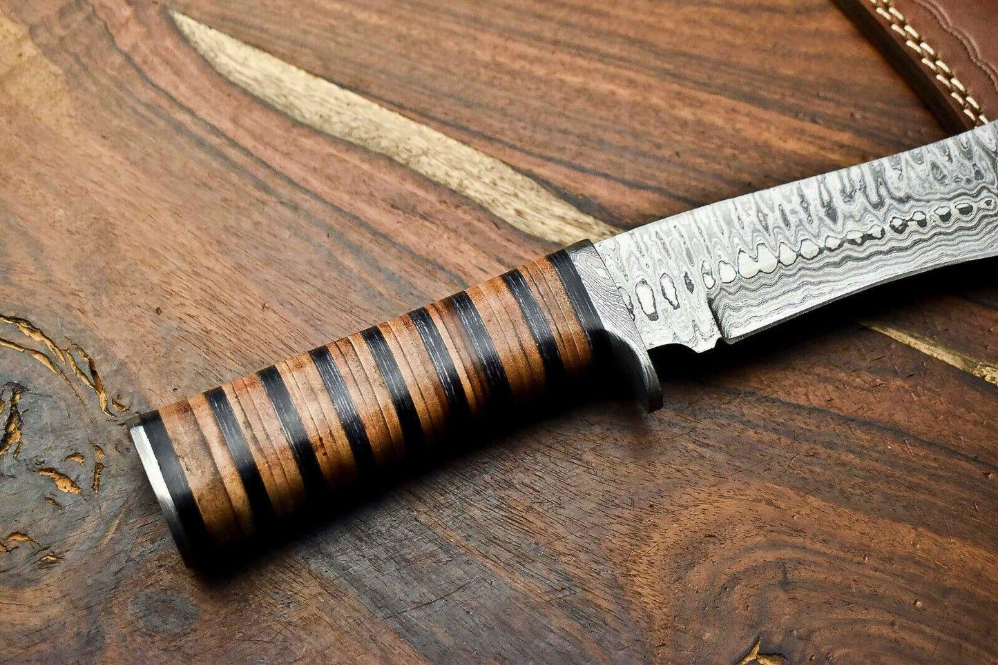 15" Handmade Damascus Steel Bowie Knife – Stacked Leather Handle & Cowhide Sheath